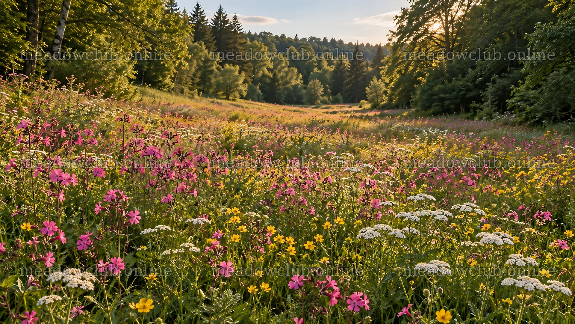 Wildflower Meadow in a Sunlit Forest Clearing – meadow photos 10324x5812