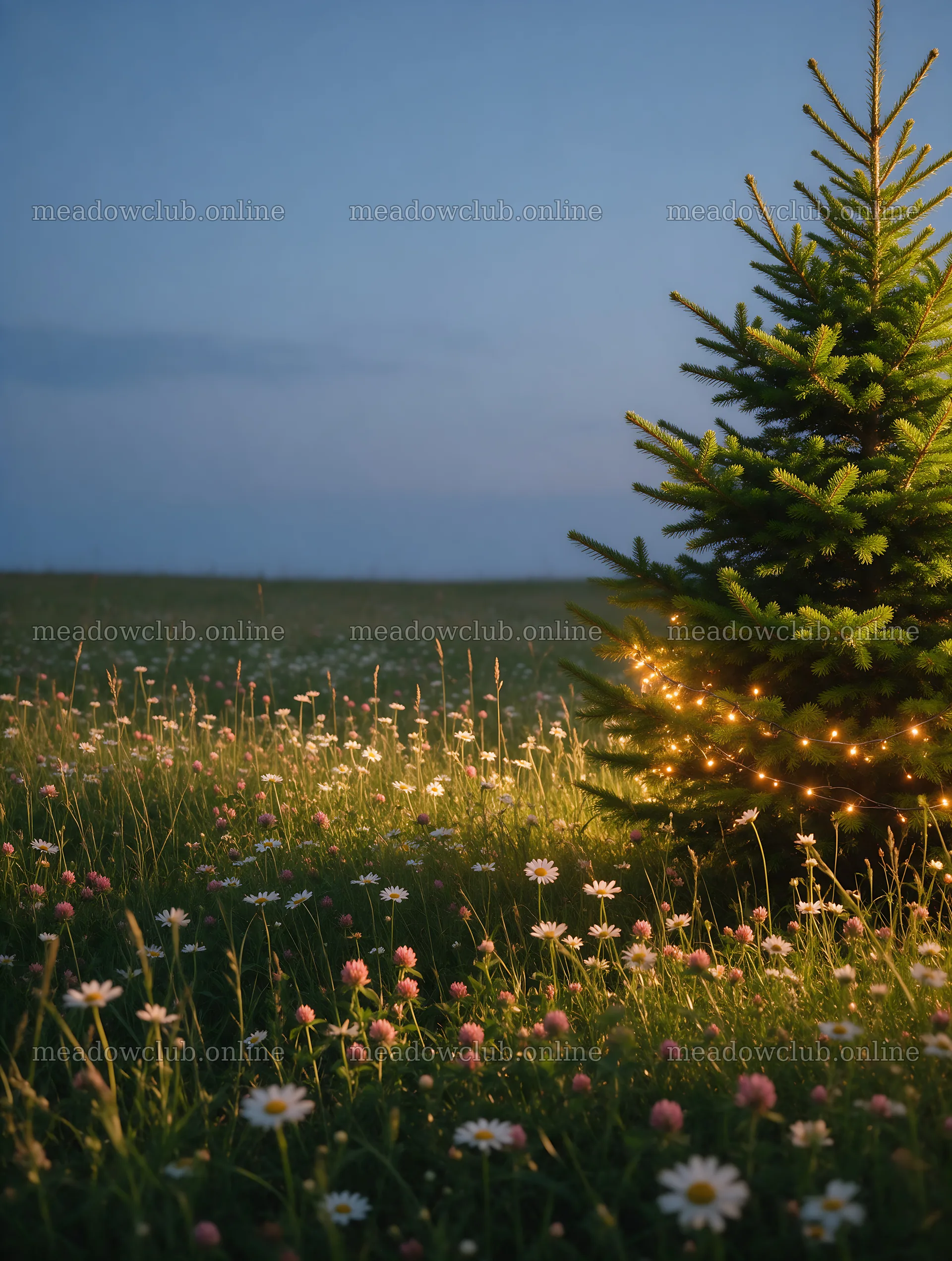 Vibrant Christmas tree in meadow at dusk with lights – meadow photos 6898x9134