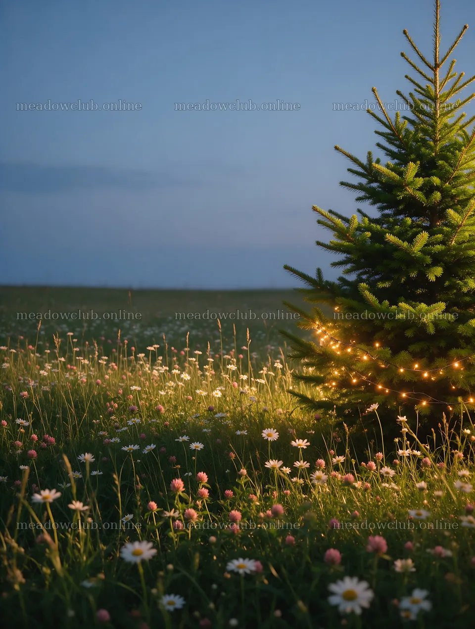 Vibrant Christmas tree in meadow at dusk with lights – meadow photos 6898x9134