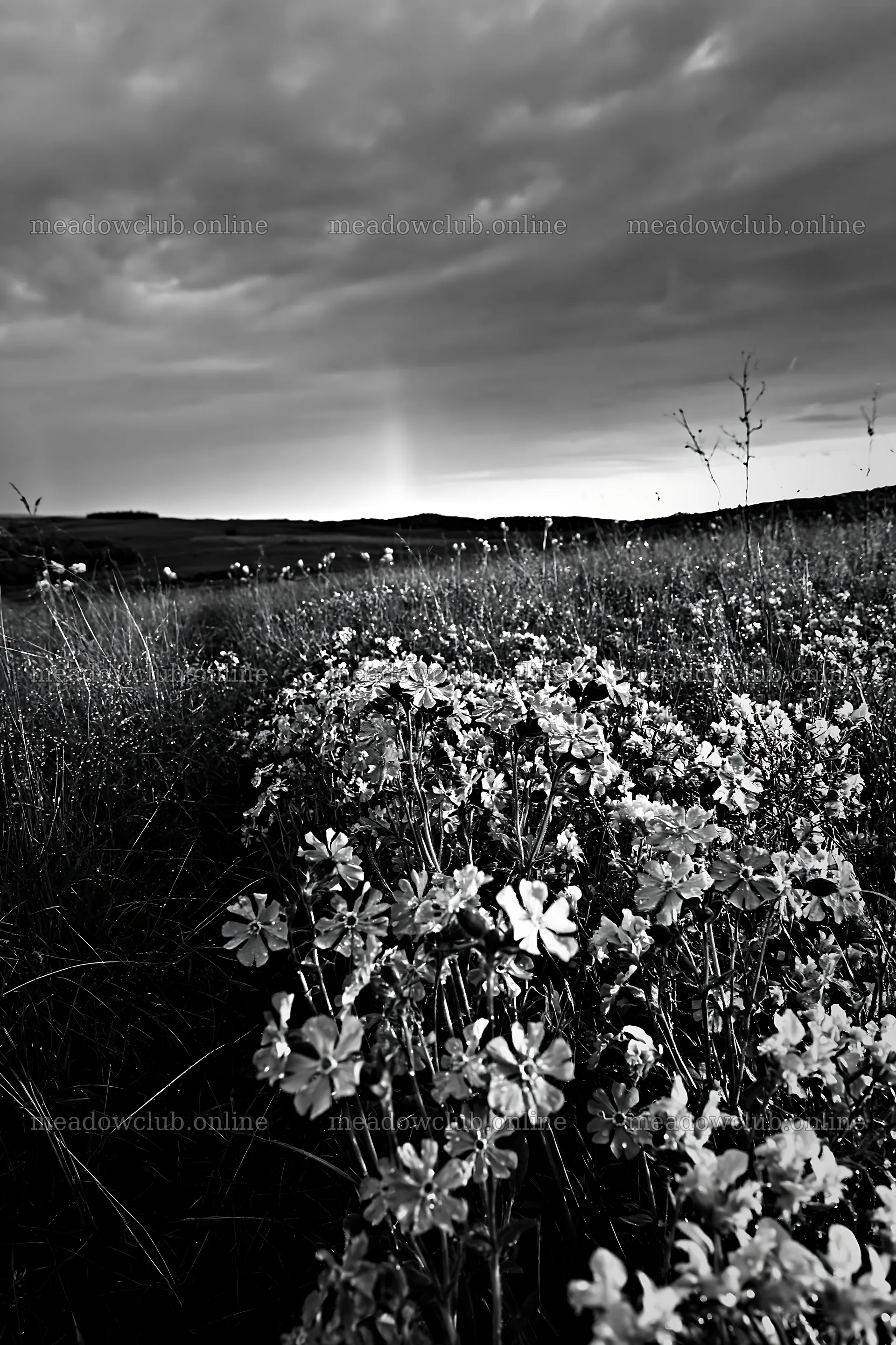 Meadow with campion under cloudy sky at dusk – meadow photos 6480x9722