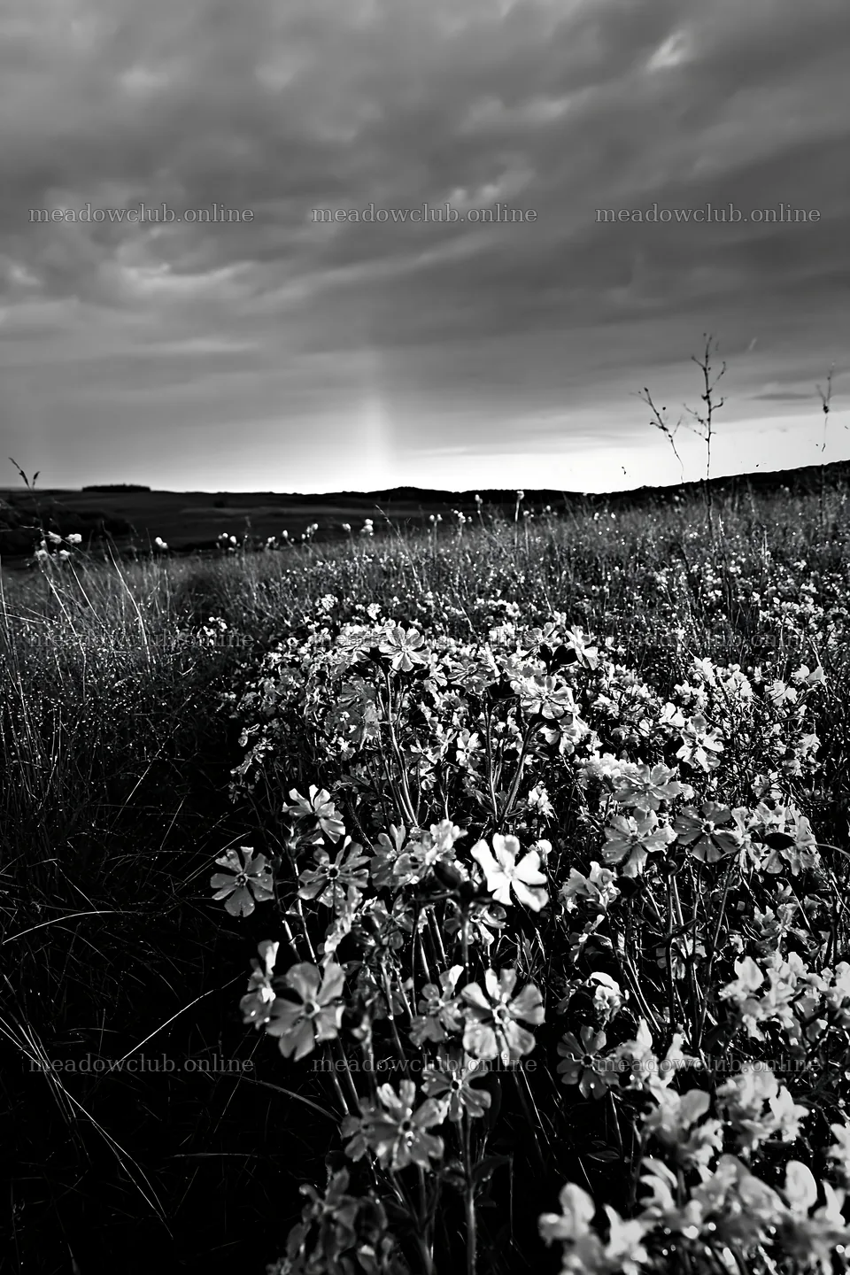 Meadow with campion under cloudy sky at dusk – meadow photos 6480x9722