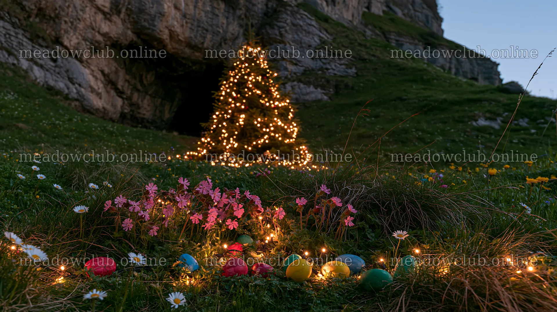 Christmas tree decorated with lights near a cave in a meadow – meadow photos 10608x5938