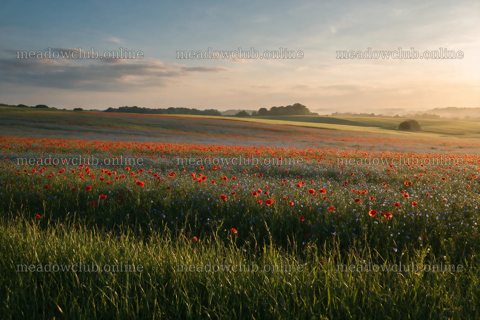 Poppy flax meadow during sunset with blooming flowers – meadow photos 9722x6480
