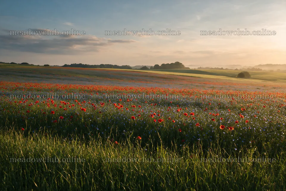 Poppy flax meadow during sunset with blooming flowers – meadow photos 9722x6480