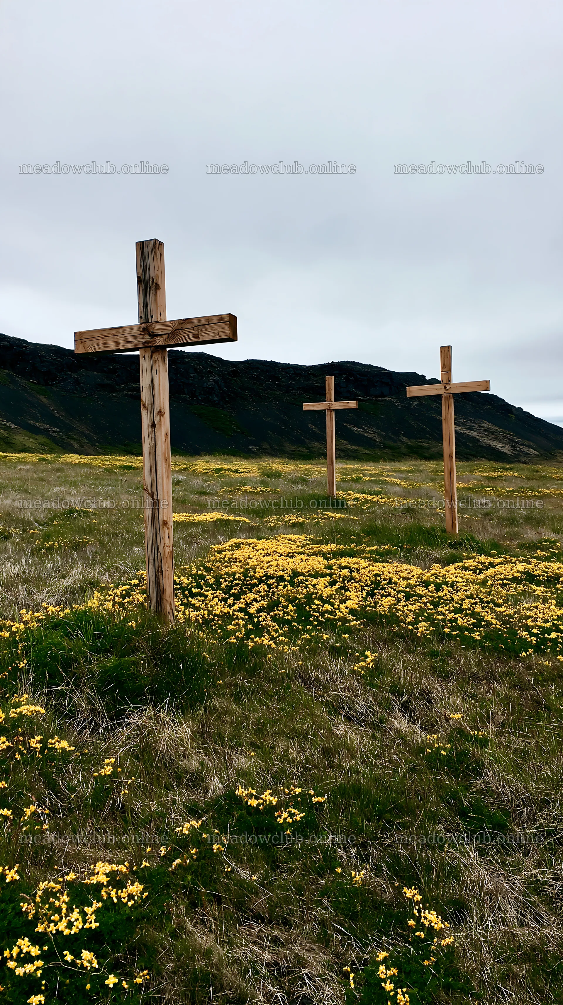 Christian crosses in a meadow filled with yellow flowers – meadow photos 5938x10608
