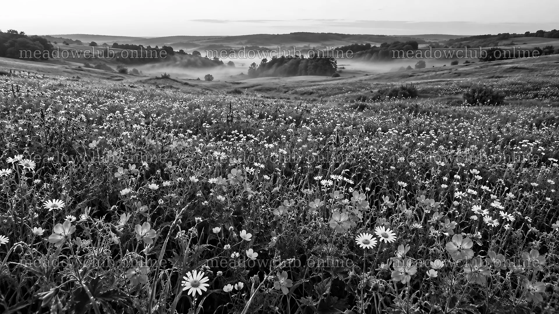 Misty Wildflower Meadow in Black and White – meadow photos 10324x5812