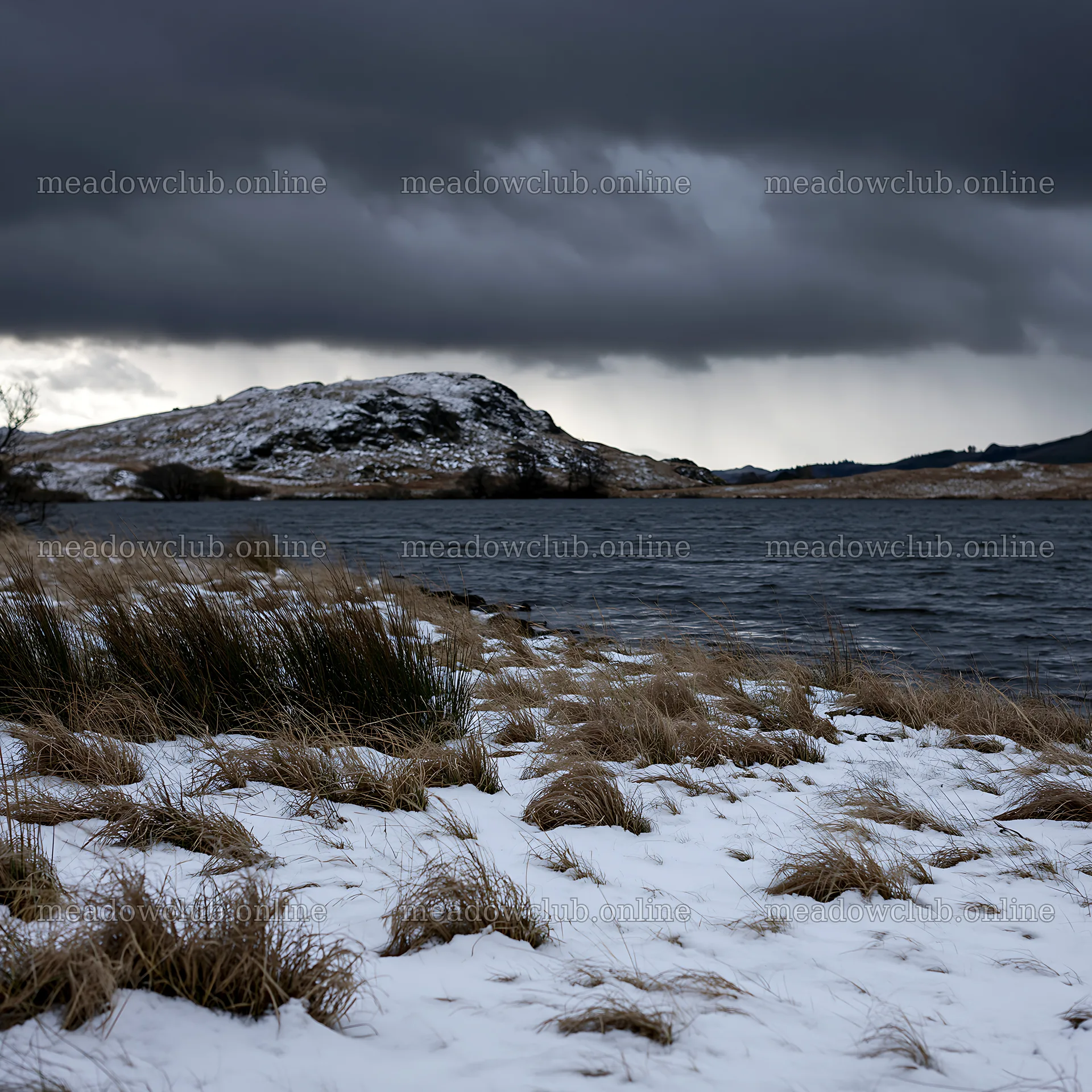 Snowy lakeside meadow with dark clouds in the background – meadow photos 7938x7938