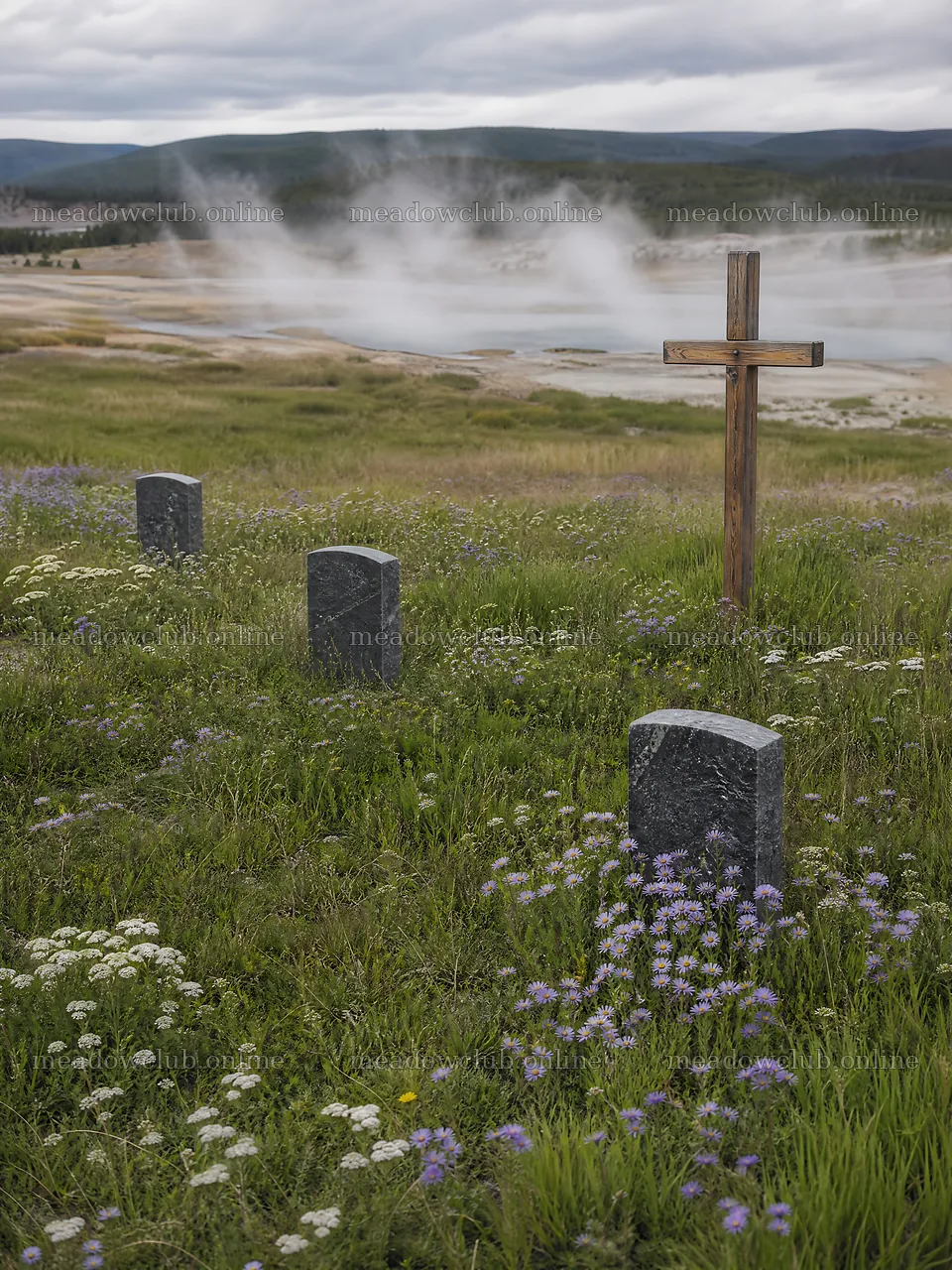 Wooden Christian cross in hot spring meadow – meadow photos 6874x9166