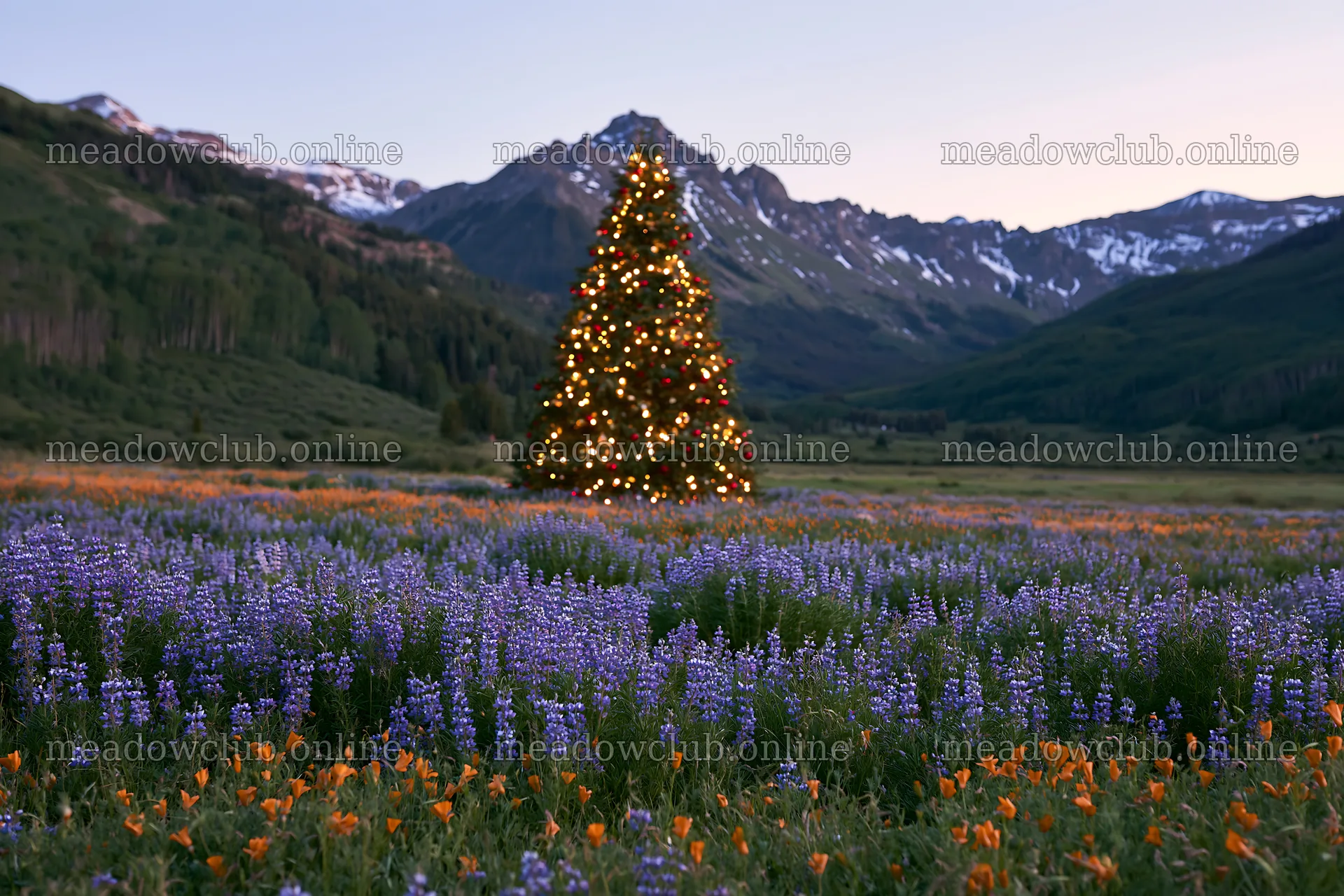 Christmas tree in mountain valley meadow with wildflowers – meadow photos 9722x6480