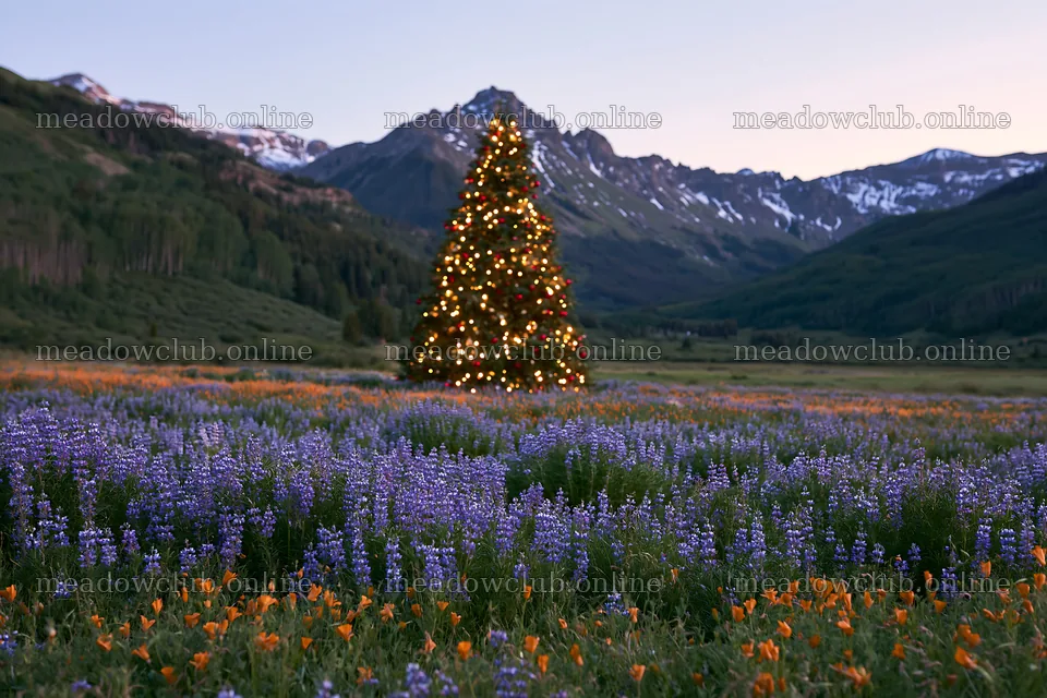 Christmas tree in mountain valley meadow with wildflowers – meadow photos 9722x6480