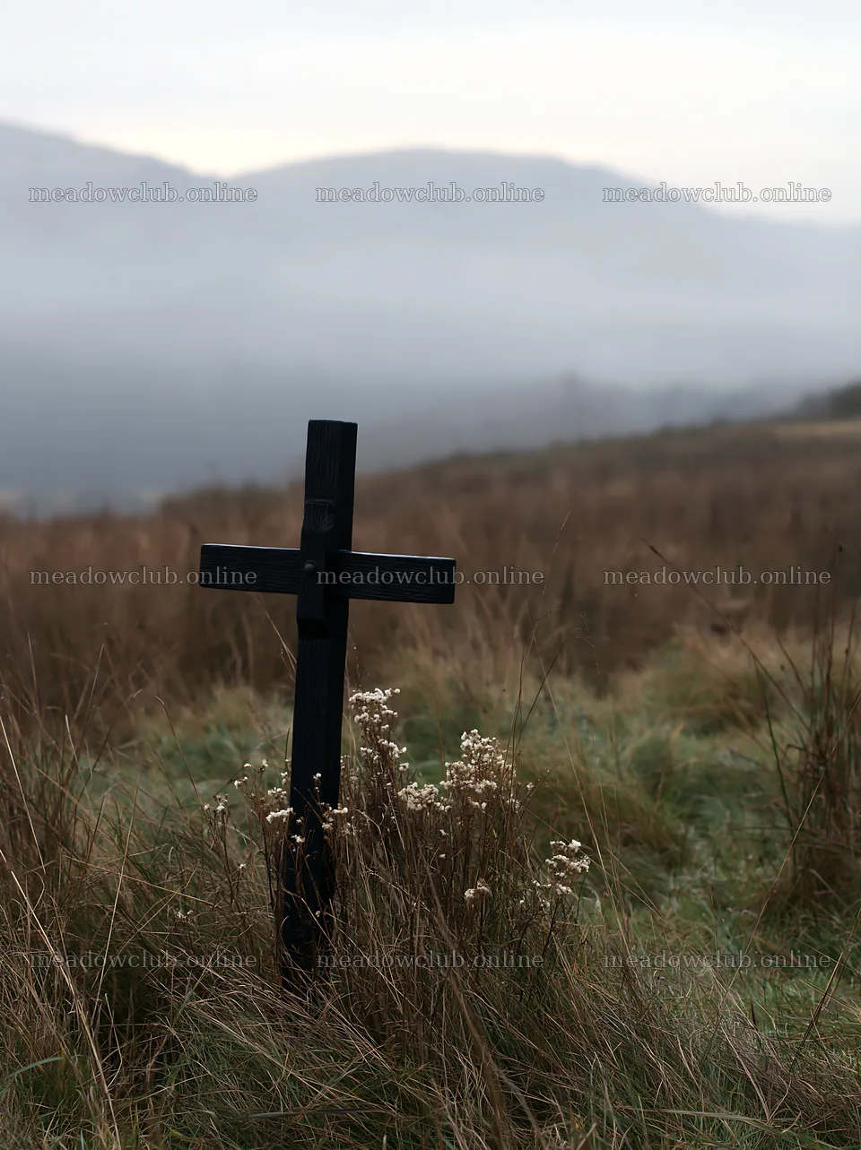 Christian cross in winter meadow grasses – meadow photos 6866x9174