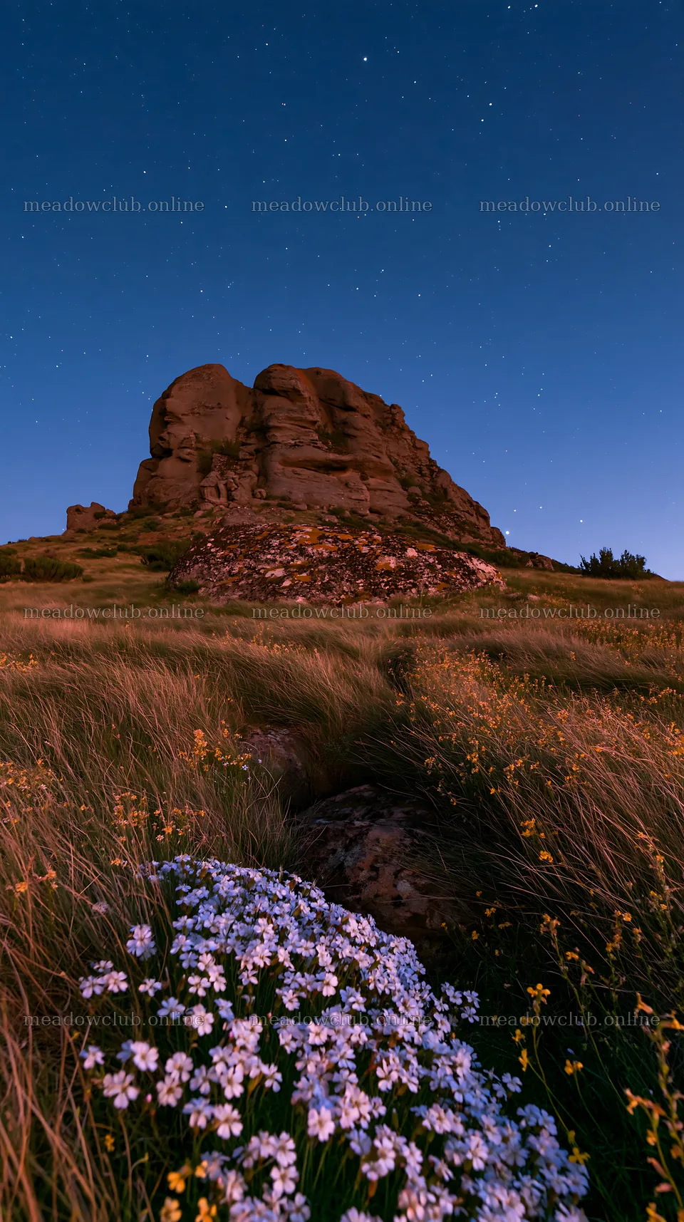 Moonrise over a meadow with flowers and a rocky hill – meadow photos 5938x10608
