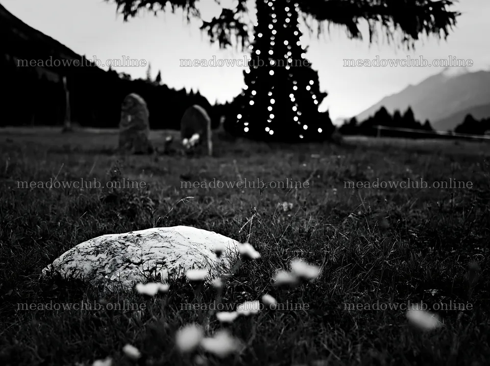 Christmas decorations beside tree in mountain valley meadow – meadow photos 9174x6866