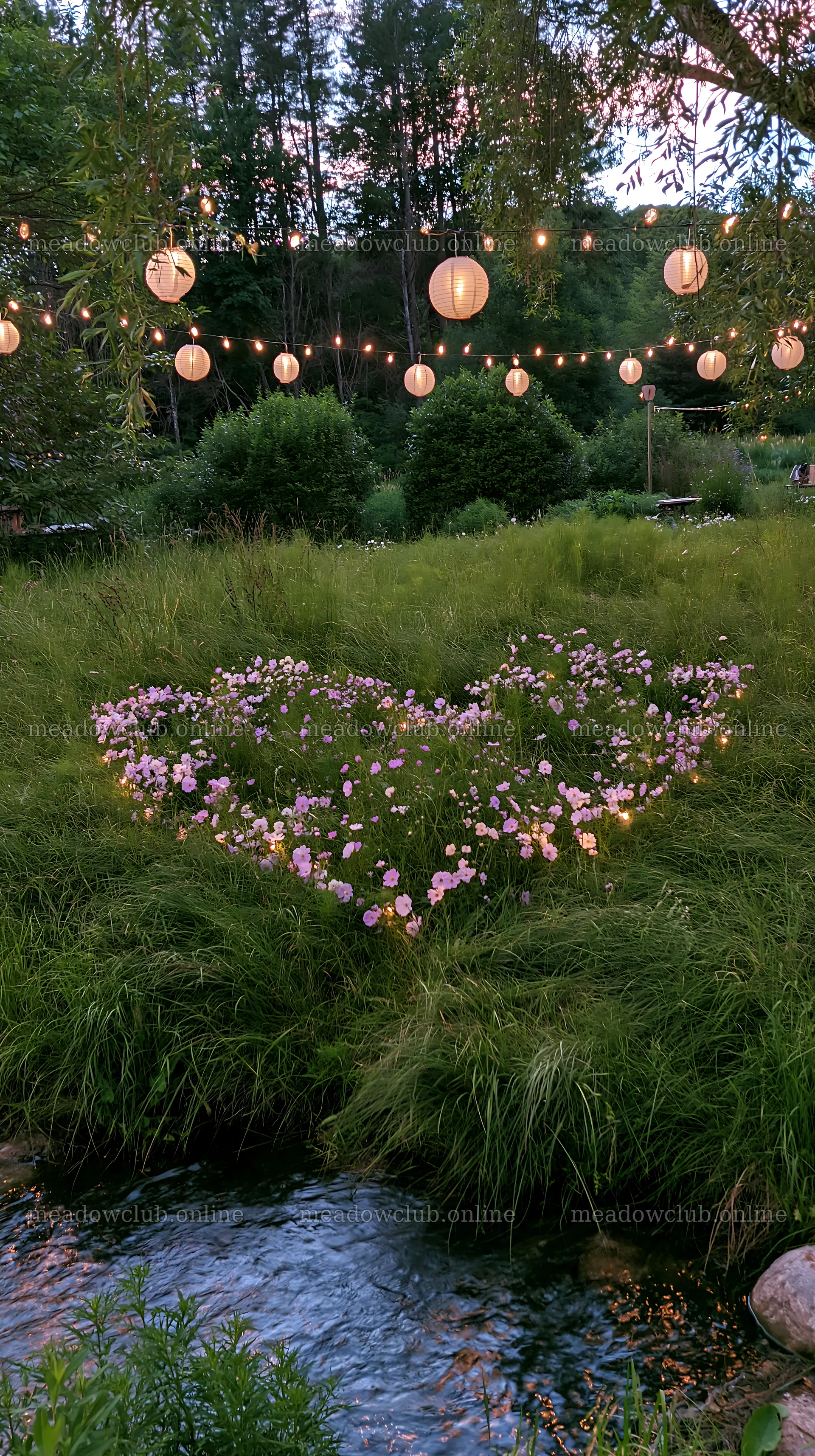 Christmas lights above stream with flowers in meadow – meadow photos 5938x10608