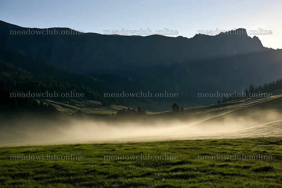 Alpe di Siusi meadow sunbeams create misty landscape – meadow photos 9722x6480