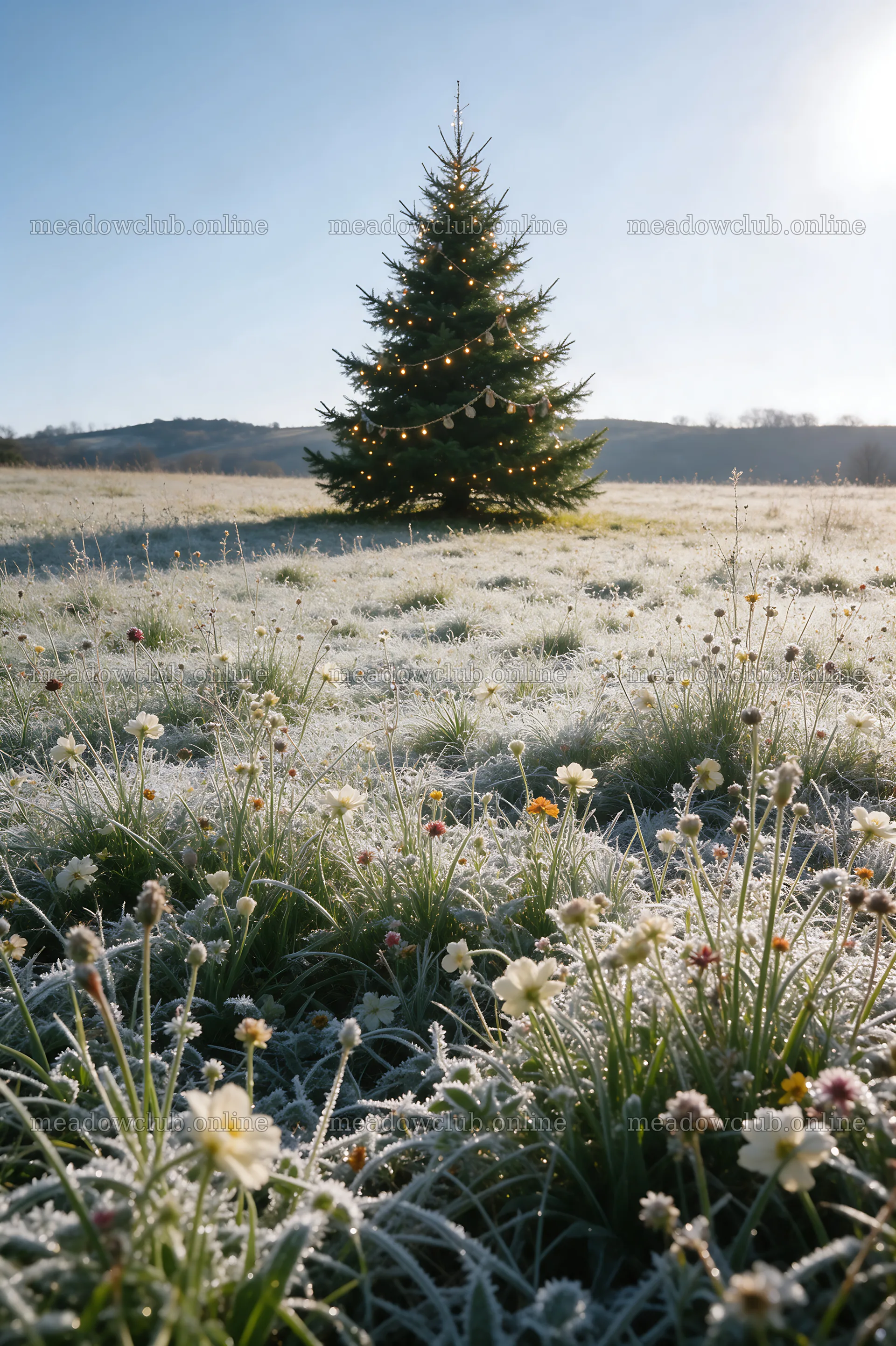 Vibrant Christmas tree in meadow under winter sunlight – meadow photos 6480x9722