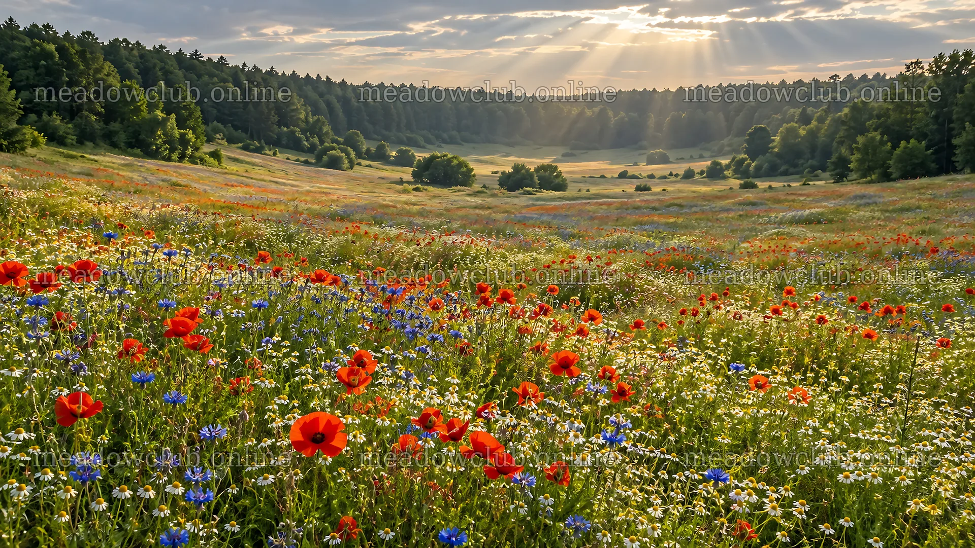 Wildflower Meadow in a Sunlit Forest Clearing – meadow photos 10324x5812