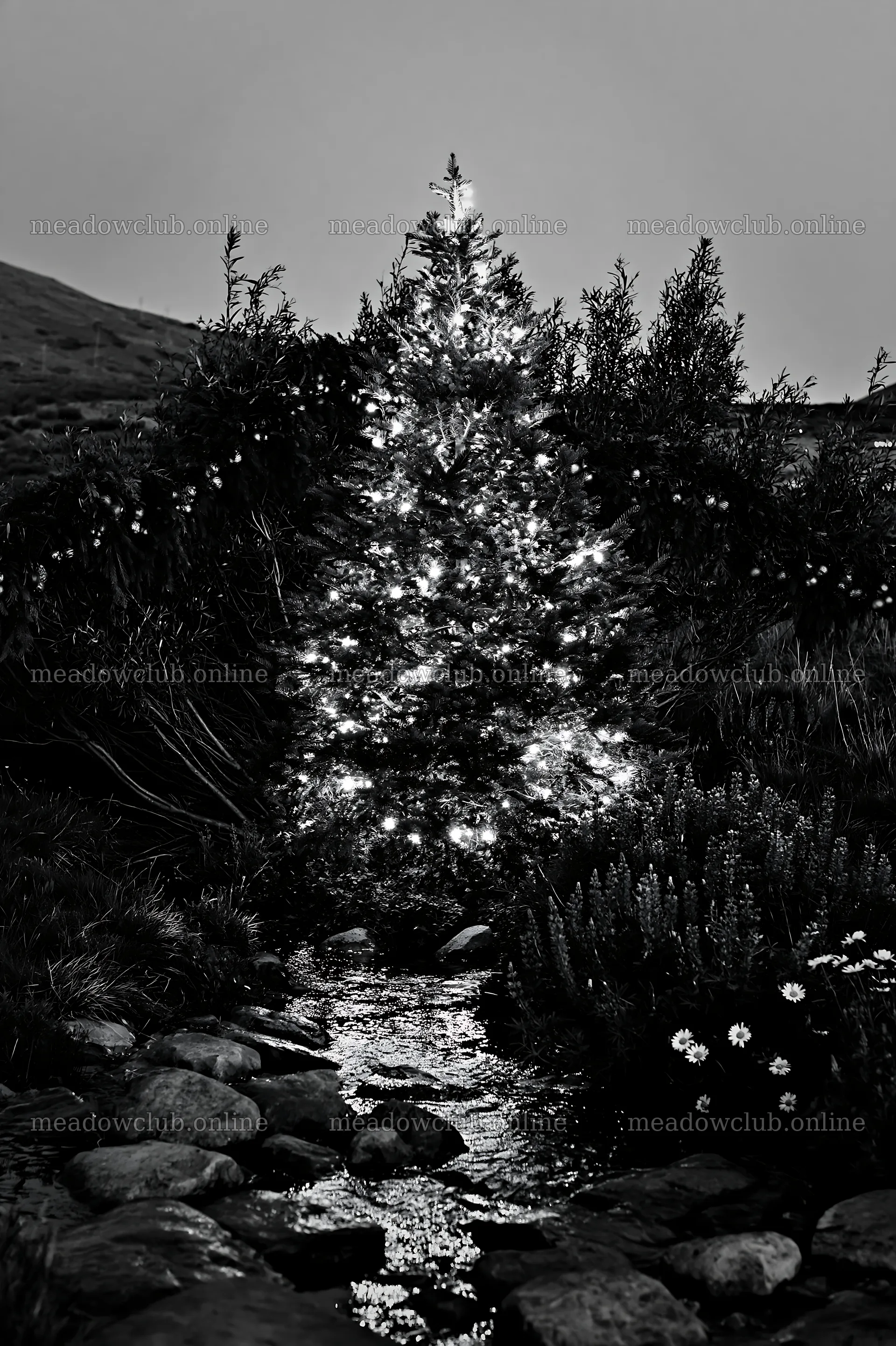 Christmas tree at dusk beside stream in meadow – meadow photos 6480x9722
