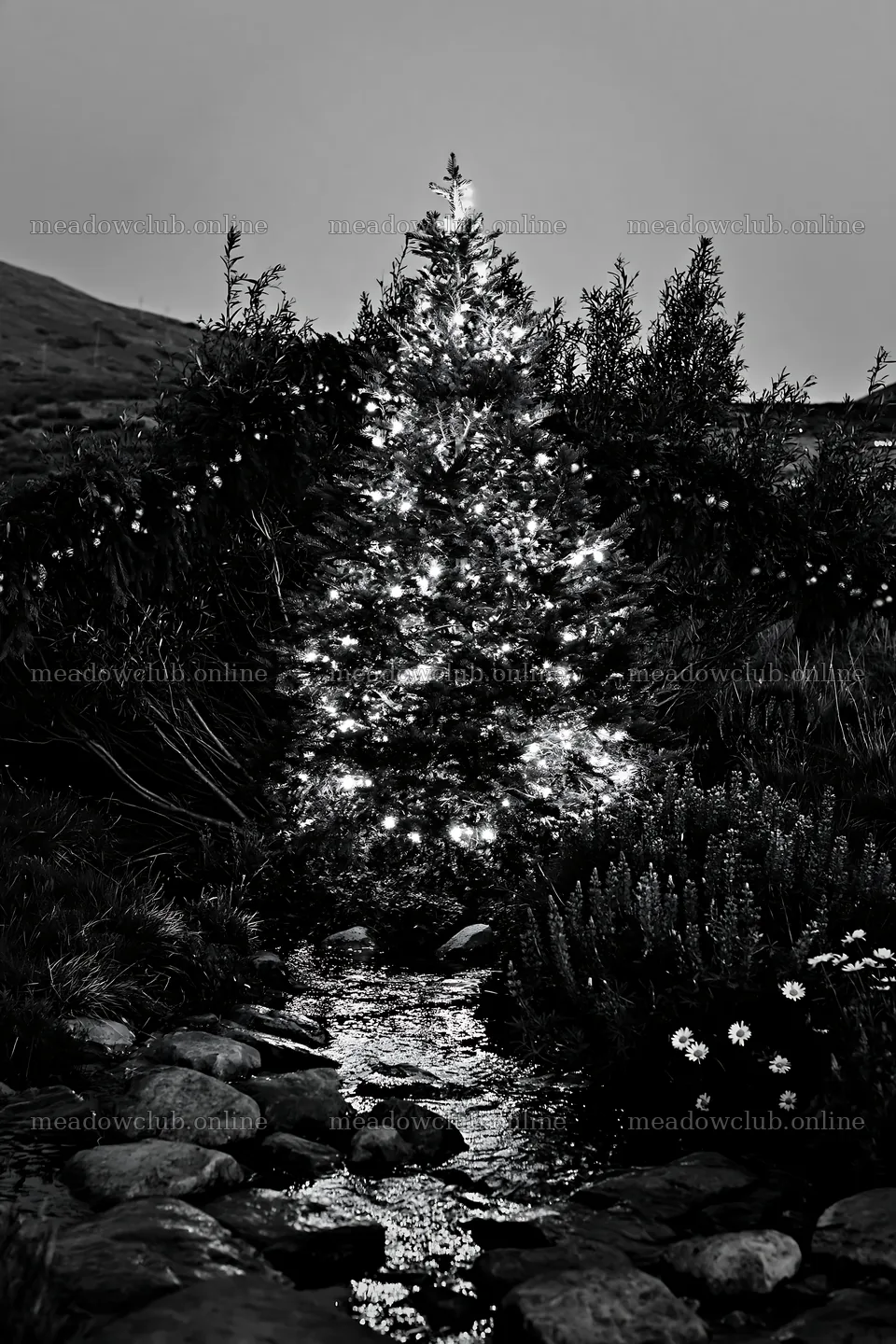 Christmas tree at dusk beside stream in meadow – meadow photos 6480x9722