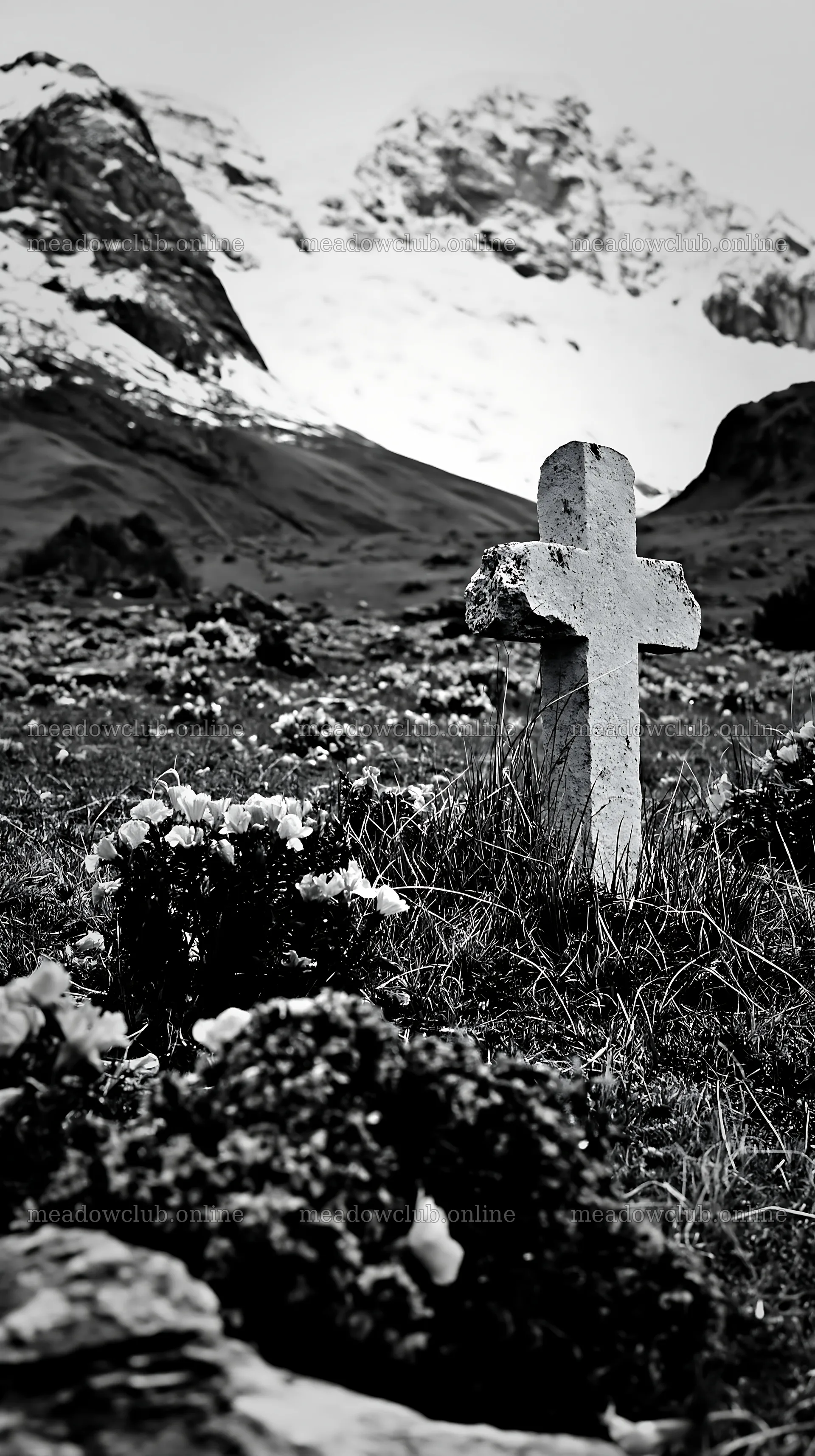 White Christian cross in remote meadow with mountains in background – meadow photos 5938x10608
