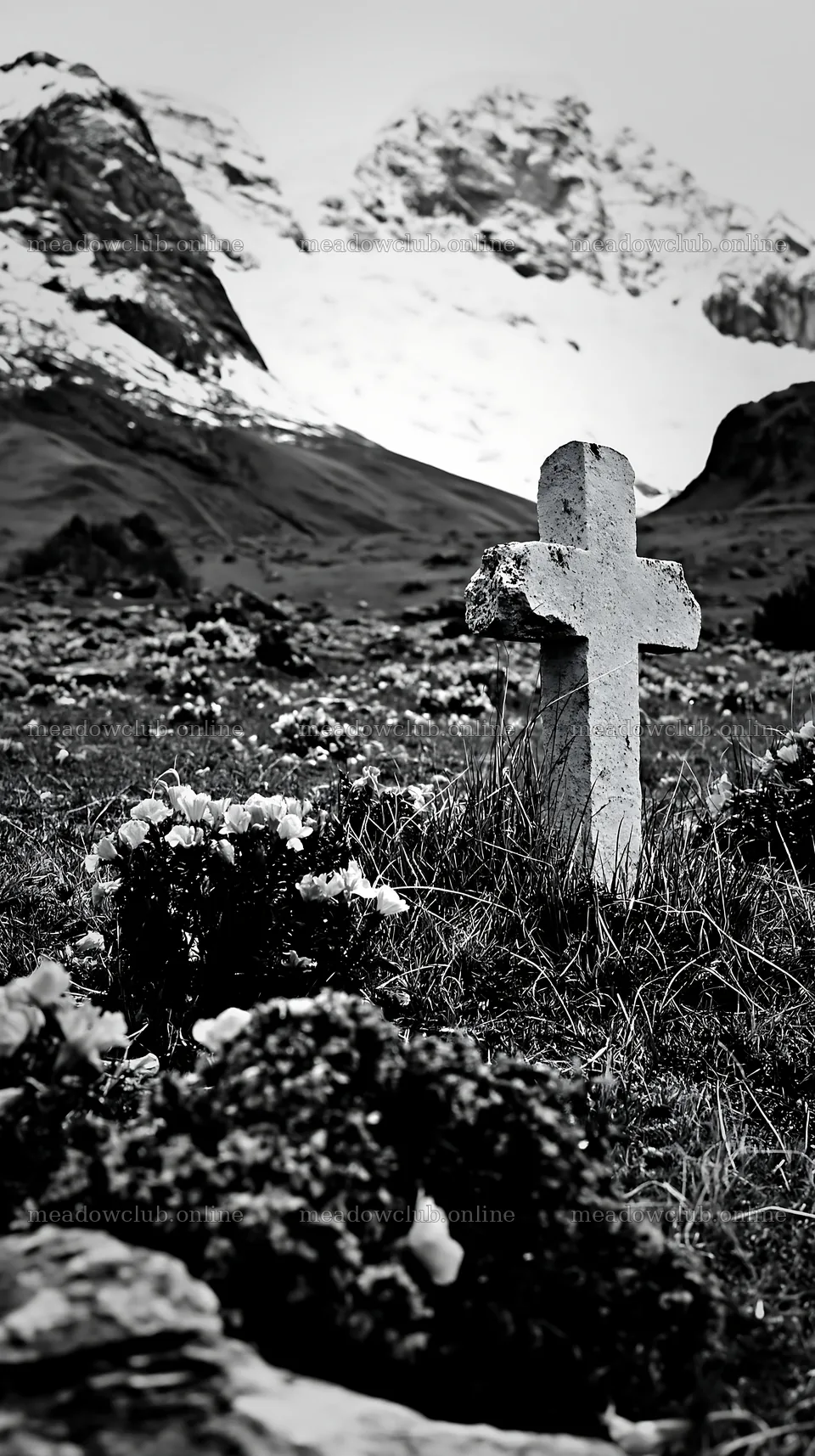 White Christian cross in remote meadow with mountains in background – meadow photos 5938x10608