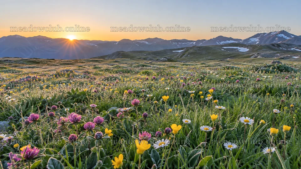 Wildflower Meadow Beneath Snow-Patched Mountains at Sunset – meadow photos 10324x5812