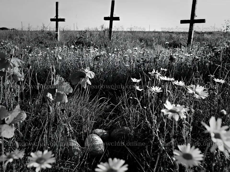 Christian crosses in rain soaked meadow with flowers – meadow photos 9174x6866