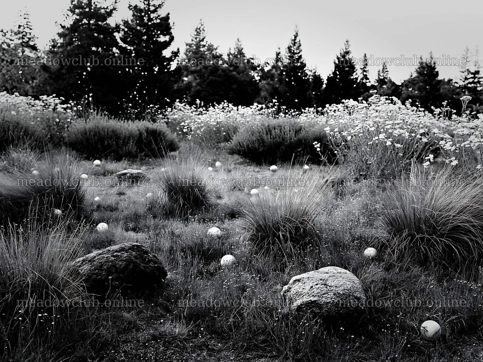 Expansive Christmas meadow with baubles and stones in black and white – meadow photos 9174x6866