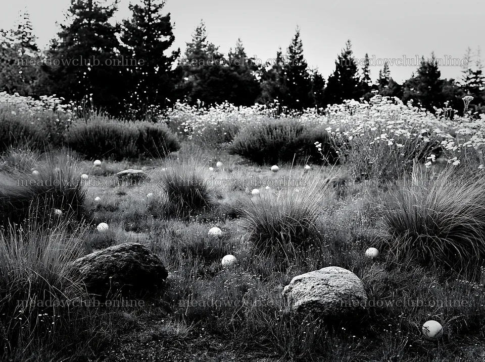 Expansive Christmas meadow with baubles and stones in black and white – meadow photos 9174x6866