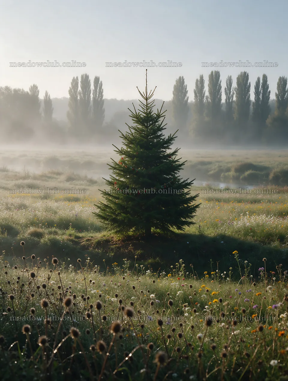 Vibrant Christmas tree in misty meadow landscape – meadow photos 6898x9134