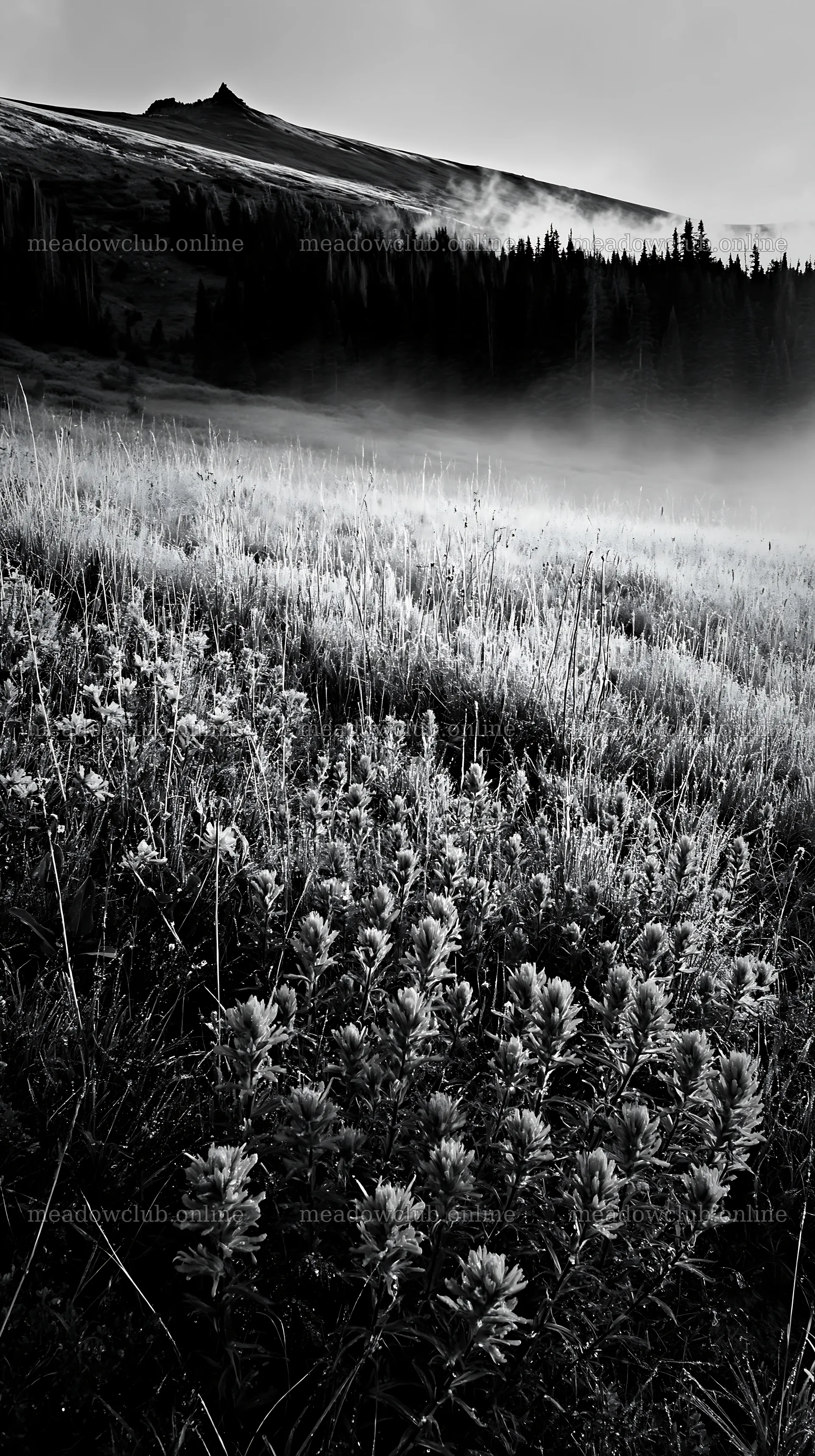 Snowy Rocky Mountain Park meadow with blooming red flowers – meadow photos 5938x10608