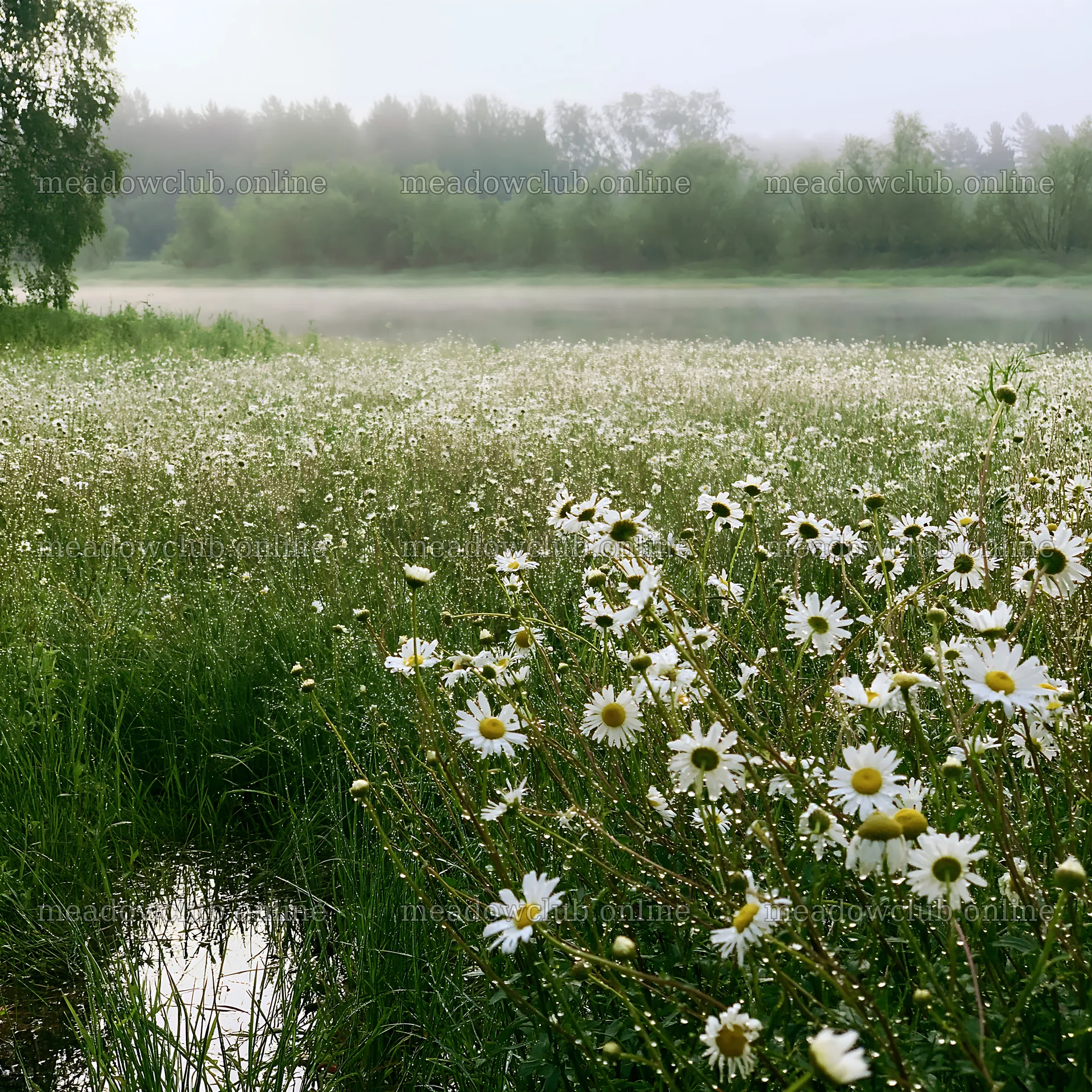Silver dew meadow with flowers near a calm lake – meadow photos 7938x7938