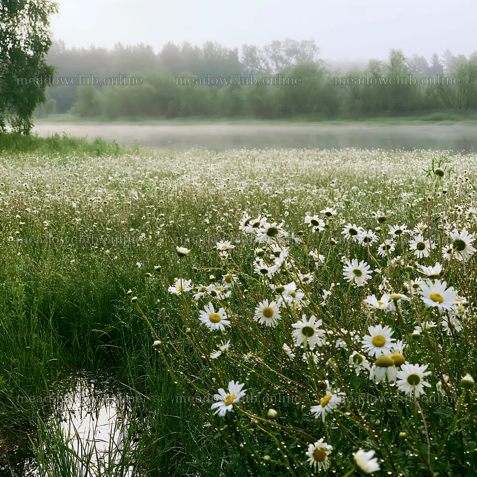 Silver dew meadow with flowers near a calm lake – meadow photos 7938x7938