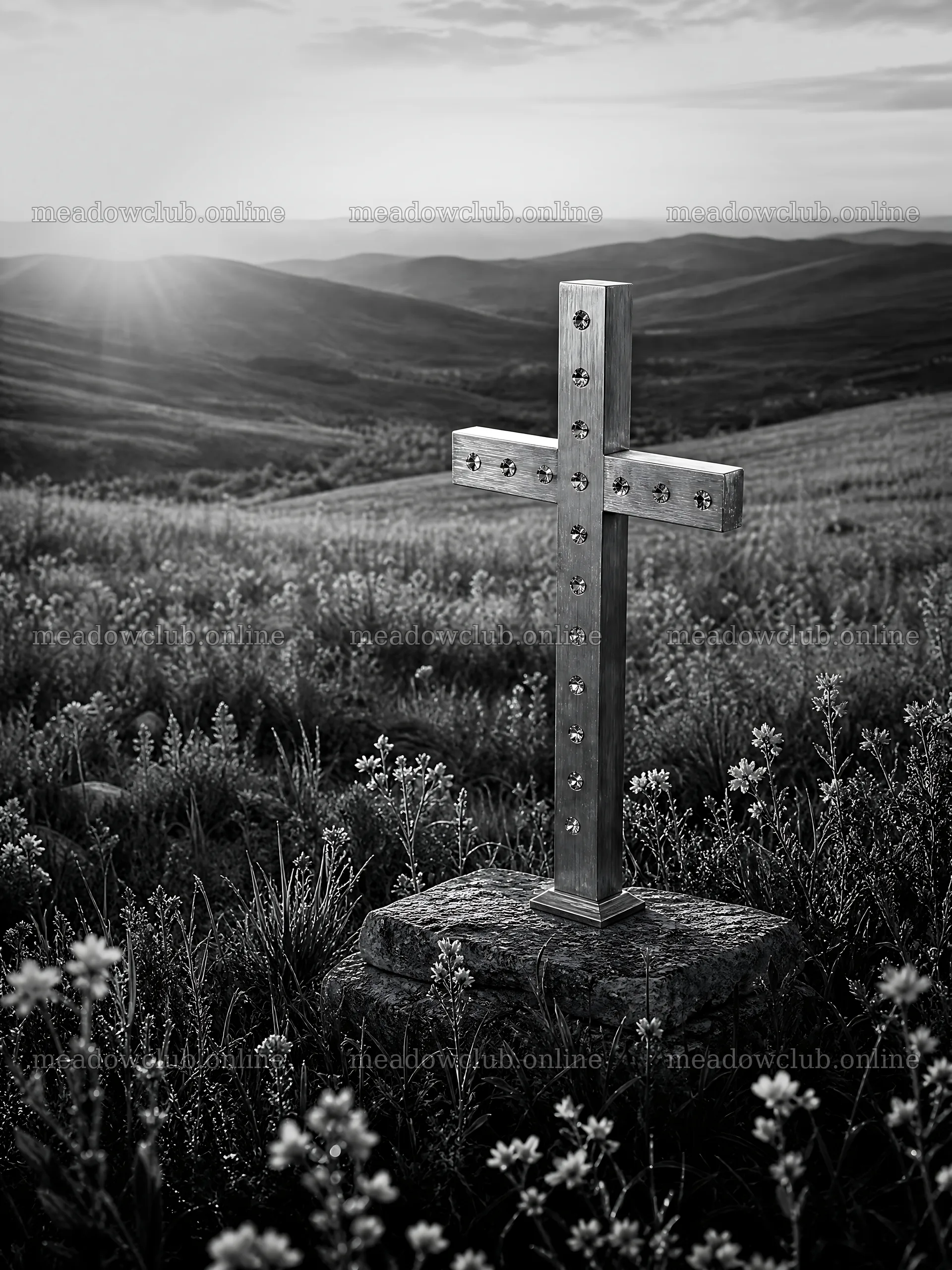 Golden Christian cross in sunset meadow – meadow photos 6874x9166