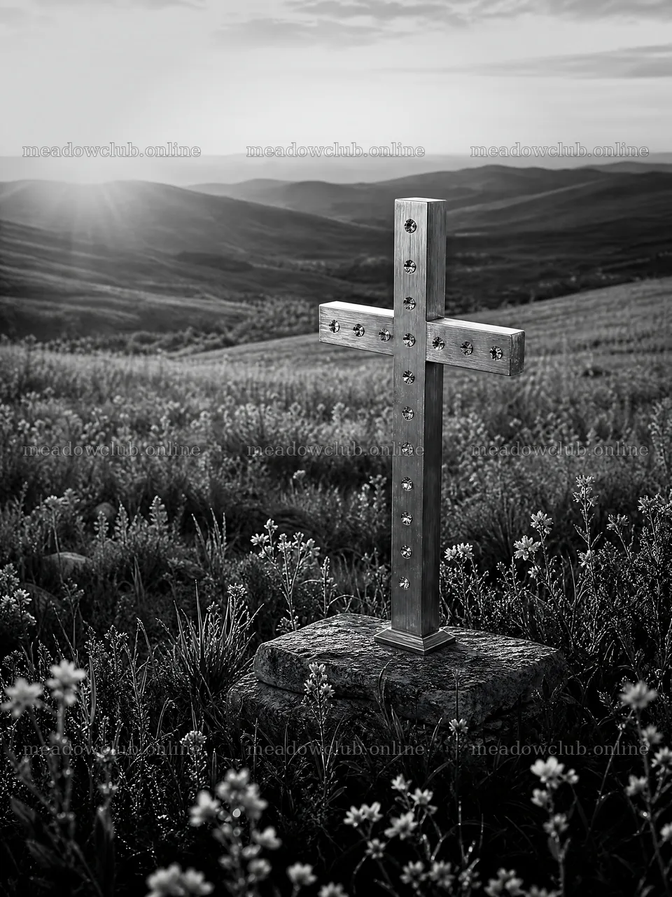 Golden Christian cross in sunset meadow – meadow photos 6874x9166