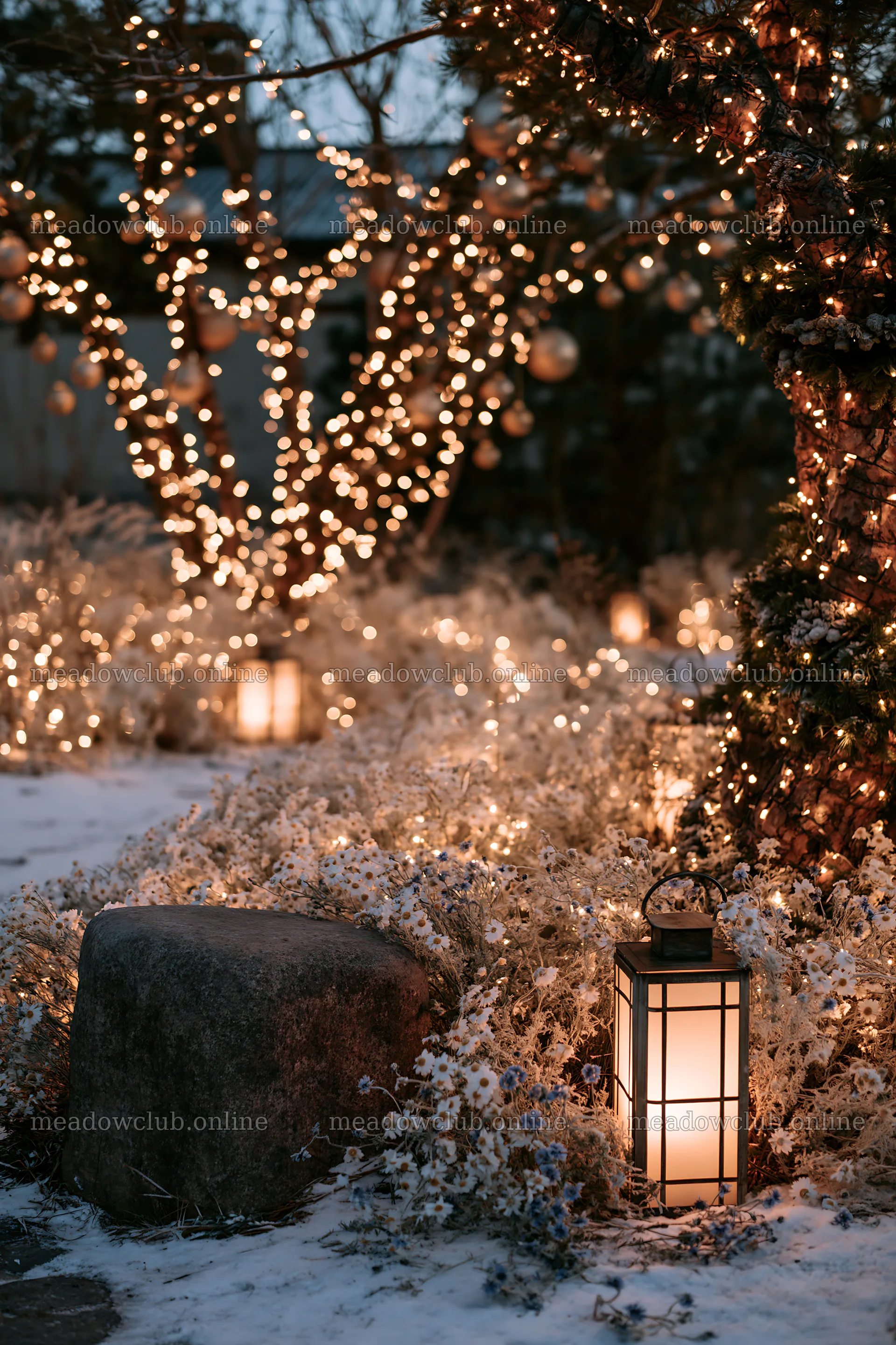 Expansive Christmas meadow with frost and glowing lanterns – meadow photos 6480x9722