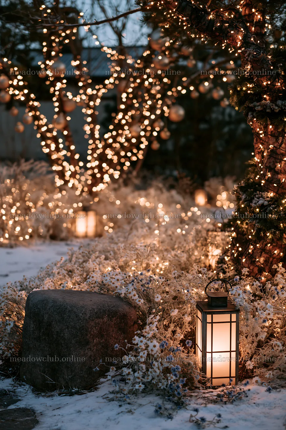 Expansive Christmas meadow with frost and glowing lanterns – meadow photos 6480x9722