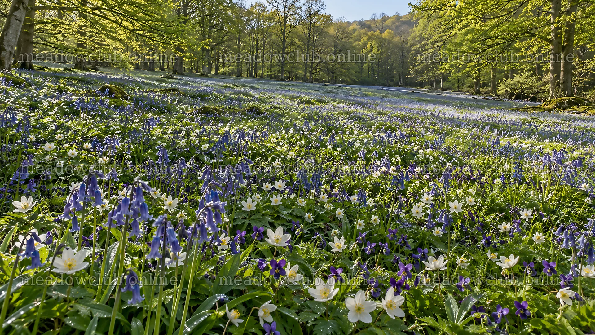 Spring Wildflowers in a Sunlit Forest Clearing – meadow photos 10324x5812