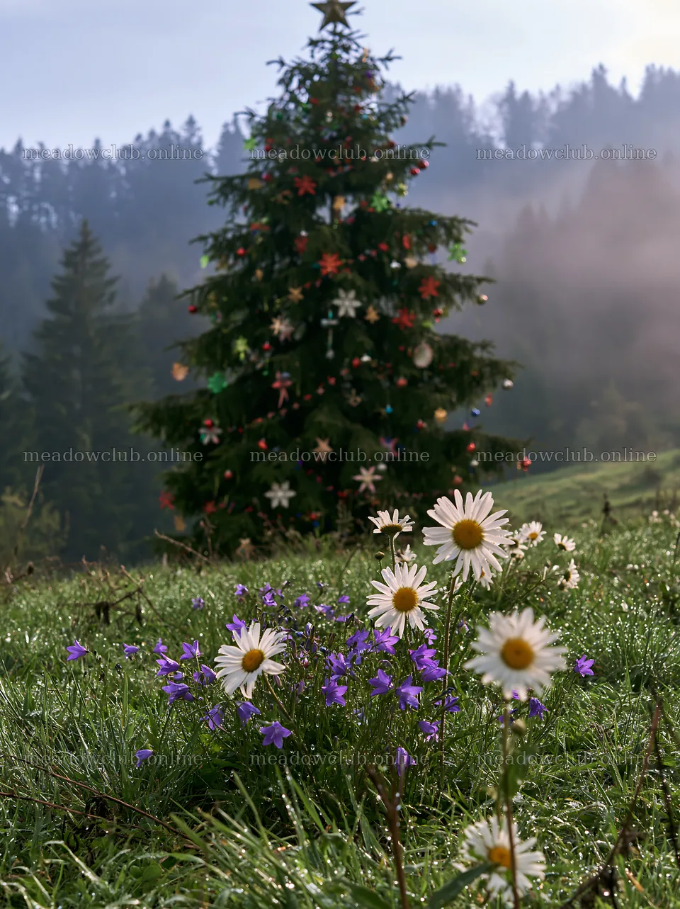 Christmas tree with ornaments in valley meadow – meadow photos 6866x9174