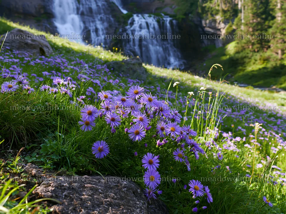 Wildflower meadow under cascading falls in a natural setting – meadow photos 9174x6866