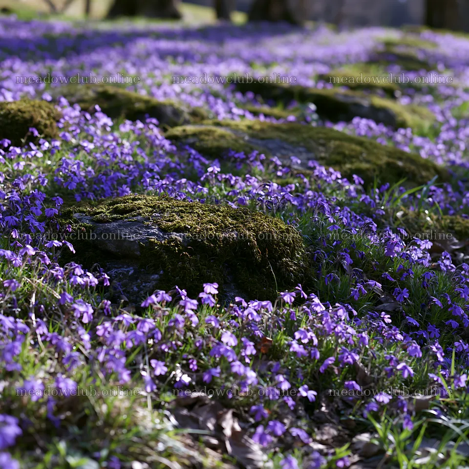 Miyagi spring meadow with mossy stones and purple flowers – meadow photos 7938x7938