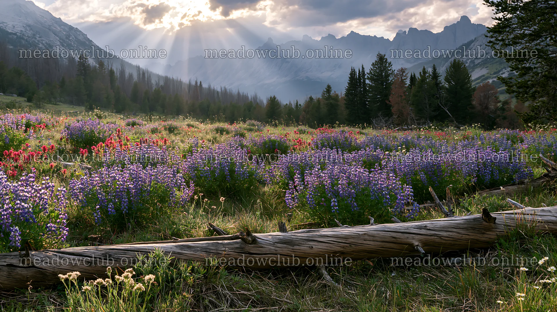 Crepuscular rays meadow with vibrant wildflowers and mountains – meadow photos 10608x5938