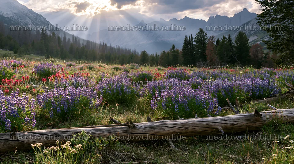 Crepuscular rays meadow with vibrant wildflowers and mountains – meadow photos 10608x5938