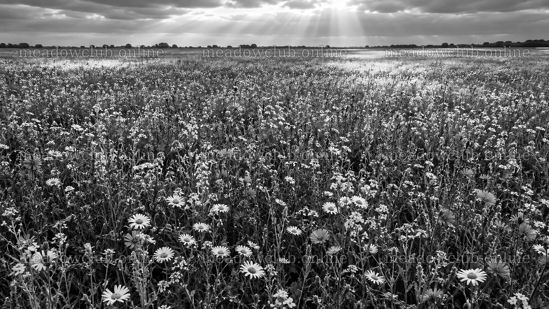 Monochrome Wildflower Field Under Sunbeams – meadow photos 10324x5812
