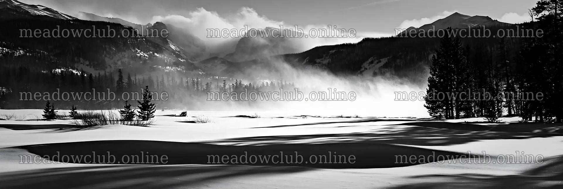 Snowy meadow in Rocky Mountain Park with mist and mountains – meadow photos 13690x4602