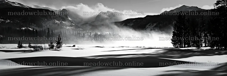 Snowy meadow in Rocky Mountain Park with mist and mountains – meadow photos 13690x4602