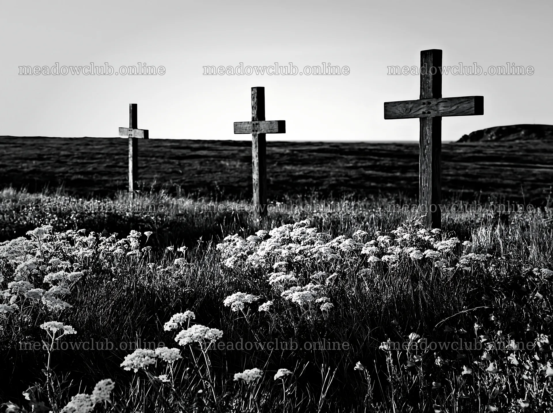 Three Christian crosses in a meadow during the day – meadow photos 9174x6866
