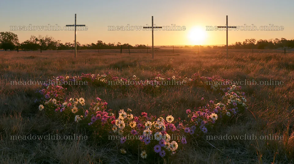 Three Christian crosses at sunrise in a meadow with flowers – meadow photos 10608x5938