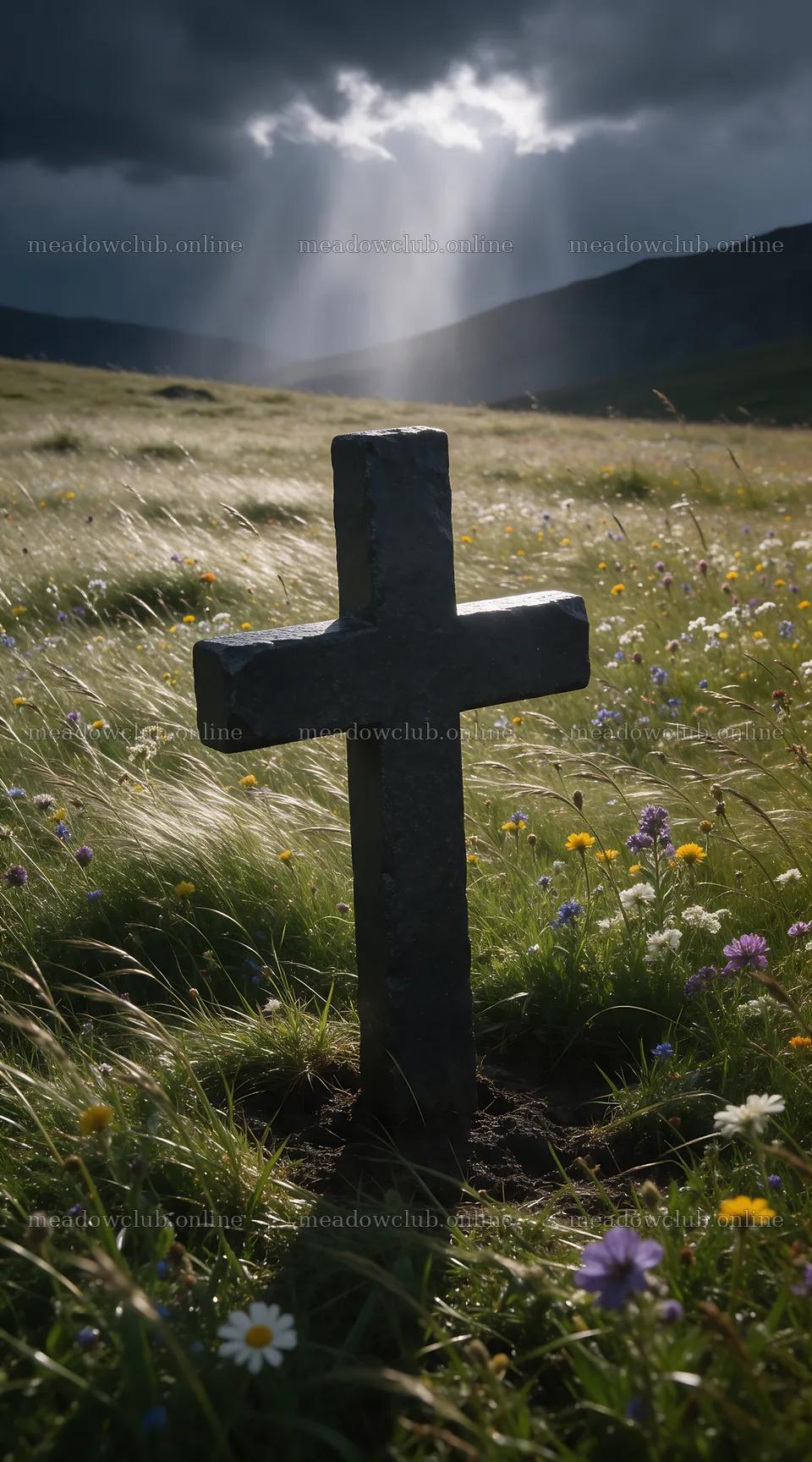 Christian cross in winter mountain meadow – meadow photos 5916x10648