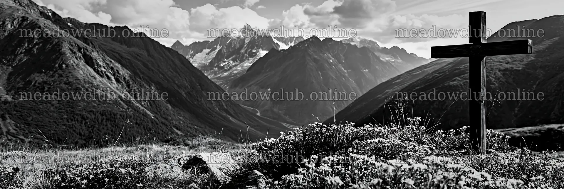 Wooden Christian cross in mountain meadow – meadow photos 13690x4602
